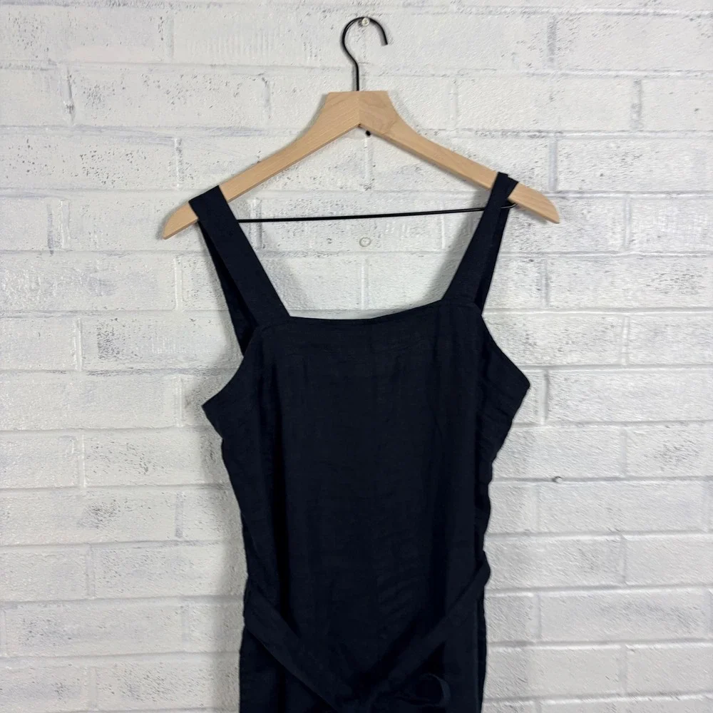 Quince Linen Jumpsuit Womens S Black Wide Leg Square Neck Sleeveless Belted